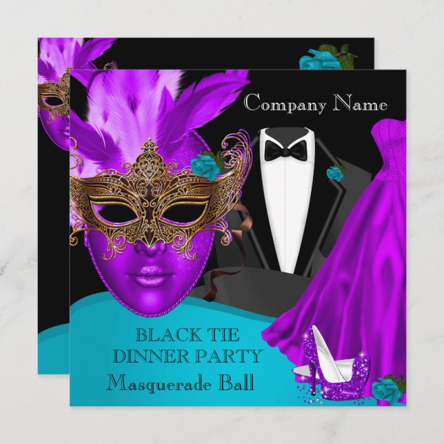 Masquerade Ball Purple Teal Black Tie Party Invitation (Front/Back)