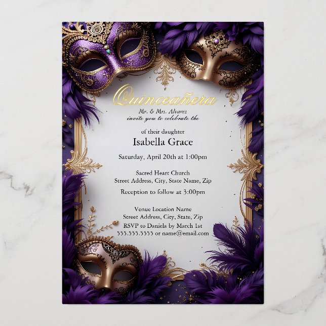 Masquerade Ball Quinceañera Royal Baroque Purple Foil Invitation (Front)