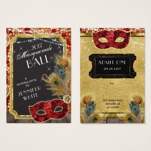 Masquerade Ball Red Gold Peacock Admission Ticket (Front & Back)