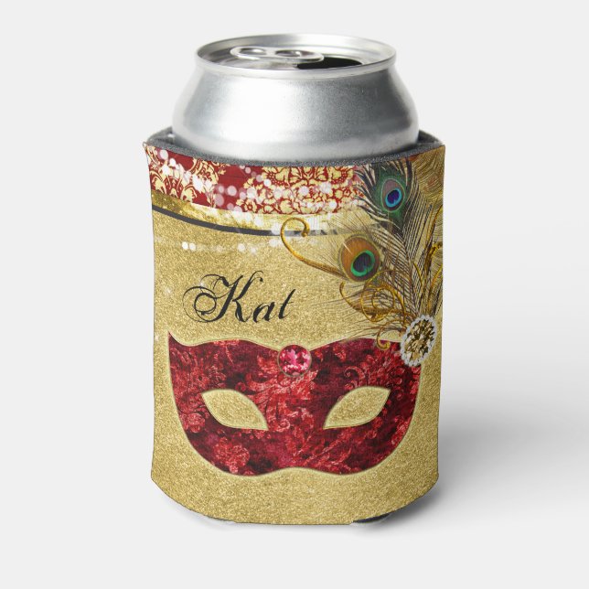 Masquerade Ball Red Gold Peacock Birthday Party Can Cooler (Can Back)