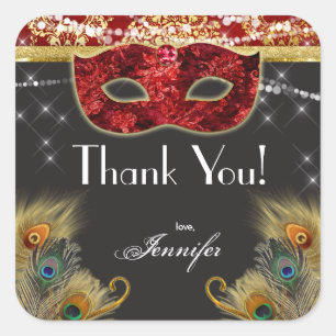 Masquerade Ball Red Gold Peacock Birthday Sticker