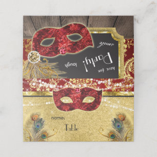 Masquerade Ball Red Gold Peacock Party Place Card