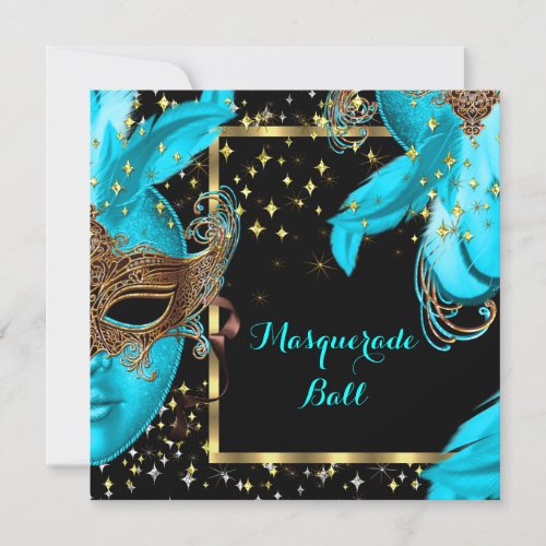 Masquerade Ball Teal Blue Masked Party Invitation