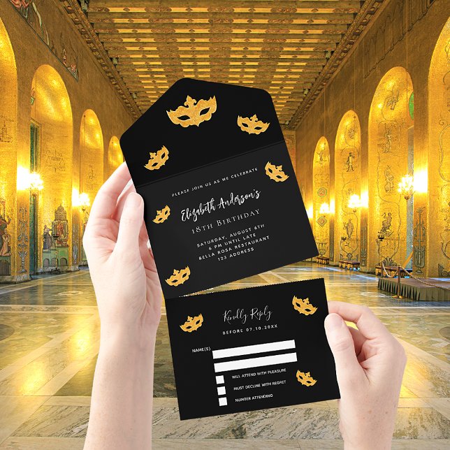 Masquerade birthday black gold mask RSVP All In One Invitation (Creator Uploaded)