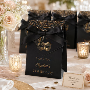 Masquerade birthday black gold thank you favor boxes