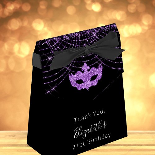 Masquerade birthday black purple glitter thank you favor boxes