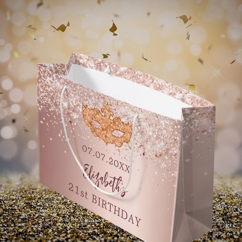 Masquerade birthday blush rose gold glitter name large gift bag