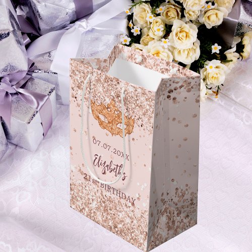 Masquerade birthday blush rose gold glitter name medium gift bag