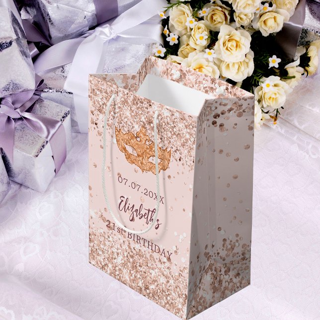 Masquerade birthday blush rose gold name medium gift bag (Creator Uploaded)