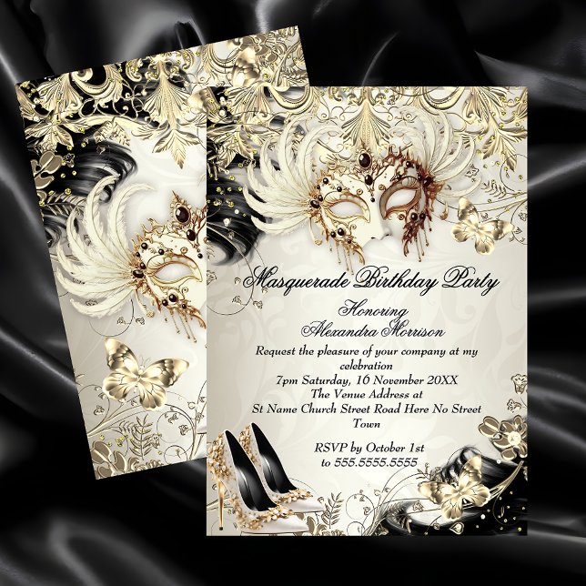 Masquerade birthday Gold Black Cream Butterfly Invitation (Creator Uploaded)
