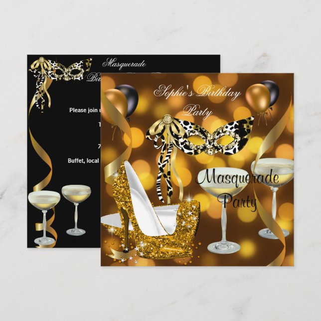 Masquerade Birthday Gold Stiletto Champagne 2 Invitation (Front/Back)