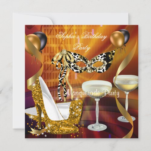 Masquerade Birthday Gold Stiletto Champagne Party Invitation