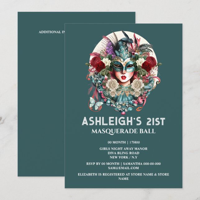 Masquerade birthday lady wearing teal gold mask  invitation (Front/Back)