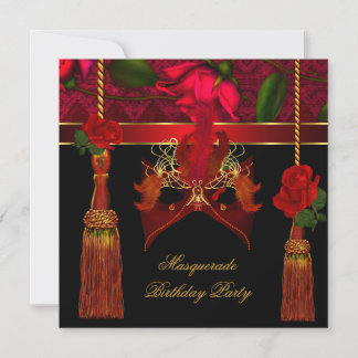 Masquerade Birthday party Black Red Rose Gold Invitation