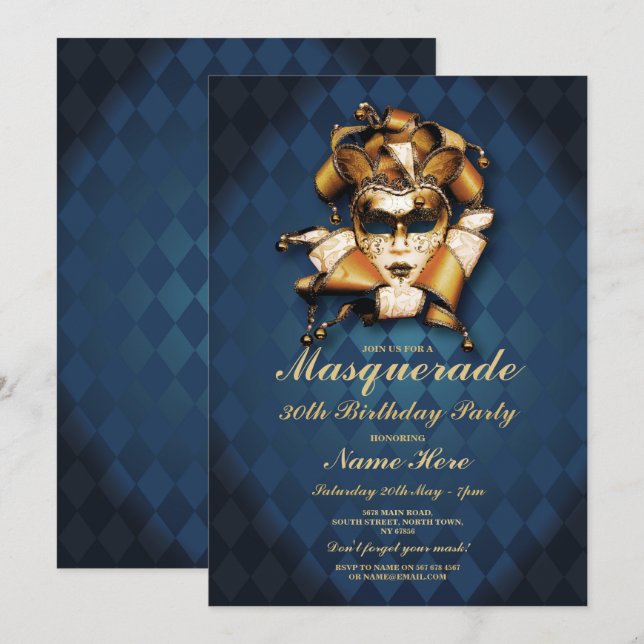 Masquerade Birthday Party Blue Gold Mask Invite (Front/Back)