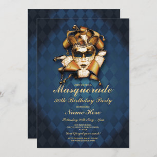 Masquerade Birthday Party Blue Gold Mask Invite