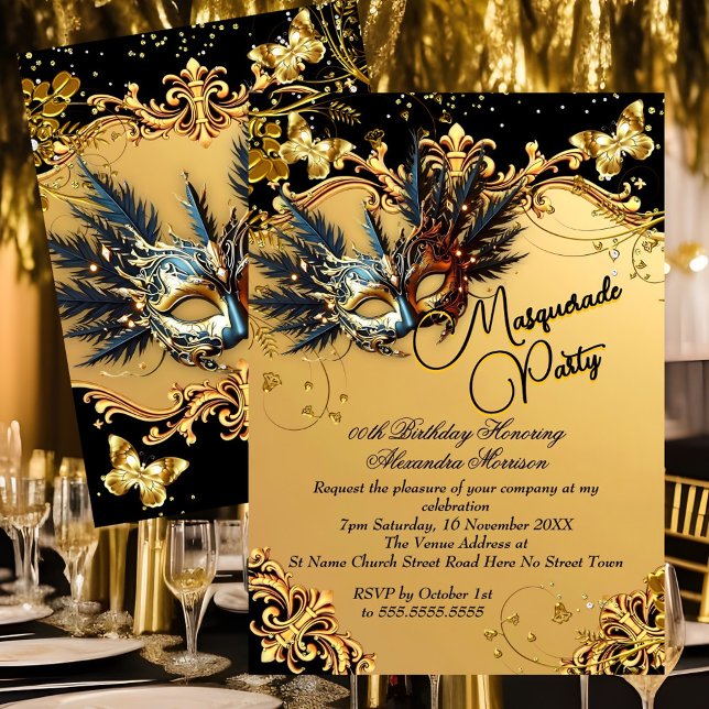 Masquerade birthday Party Gold Black Mask Feathers Invitation (Creator Uploaded)