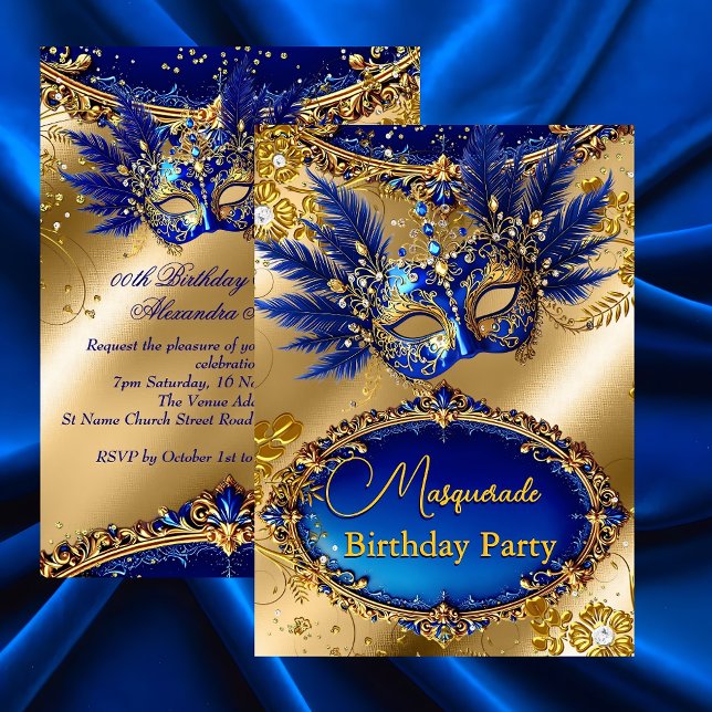 Masquerade birthday Party Gold Blue Mask Feathers Invitation (Creator Uploaded)