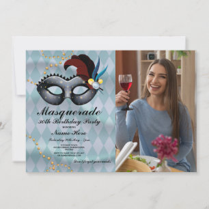 Masquerade Birthday Party Gold Blue Mask Photo Invitation