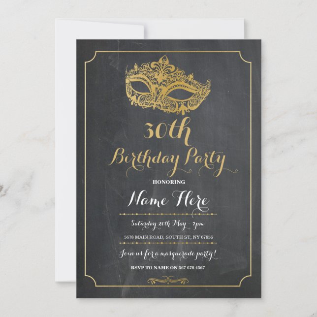 MASQUERADE Birthday Party Gold Mask Invite 30th 40 (Front)