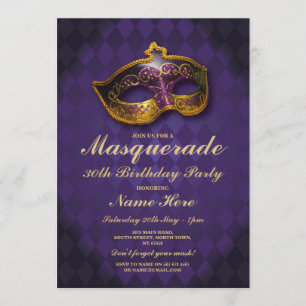 Masquerade Birthday Party Gold Purple Mask Invite