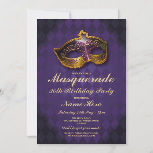 Masquerade Birthday Party Gold Purple Mask Invite