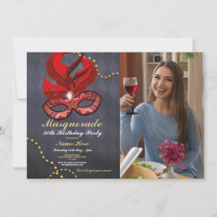 Masquerade Birthday Party Gold Red Mask Photo Invitation
