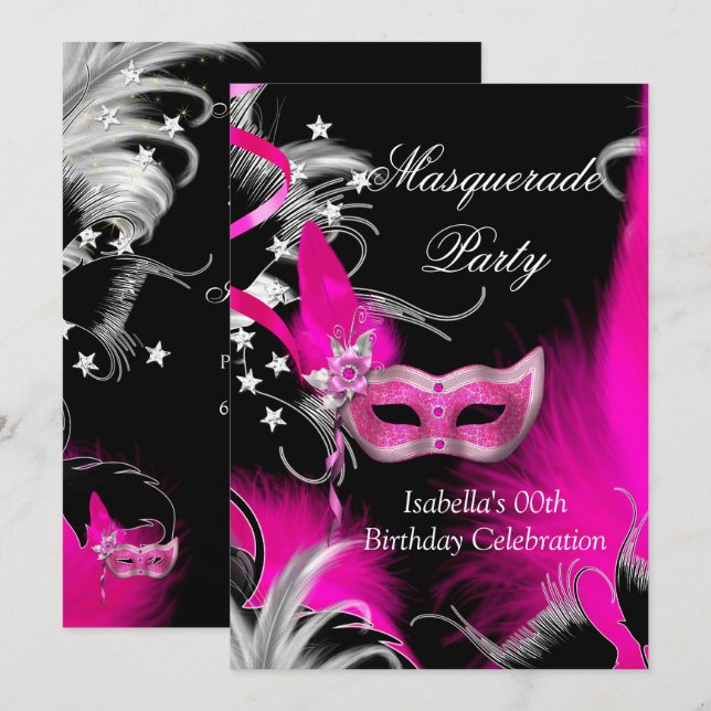 Masquerade Birthday Party Hot Pink Mask Black Invitation (Front/Back)