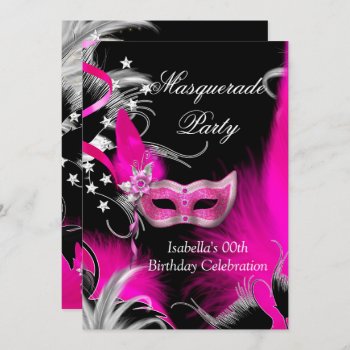 Masquerade Birthday Party Hot Pink Mask Black Invitation by Zizzago at Zazzle