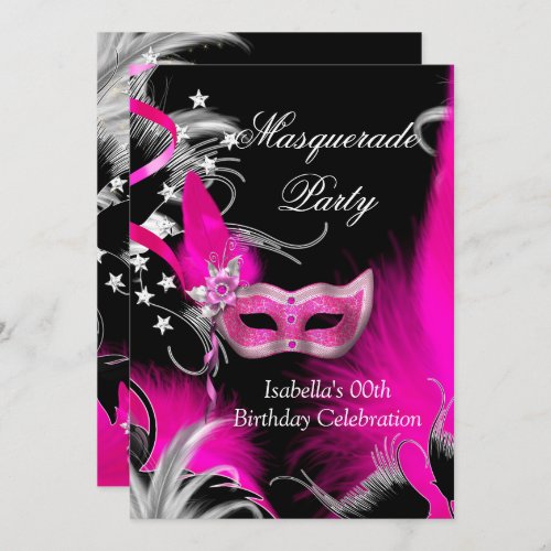 Masquerade Birthday Party Hot Pink Mask Black Invitation