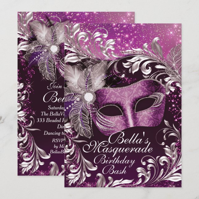Masquerade Birthday Party Invitations (Front/Back)