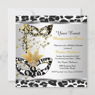 Masquerade Birthday Party Leopard Black Silver Invitation