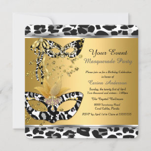 Masquerade Birthday Party Leopard Mask Black Gold Invitation