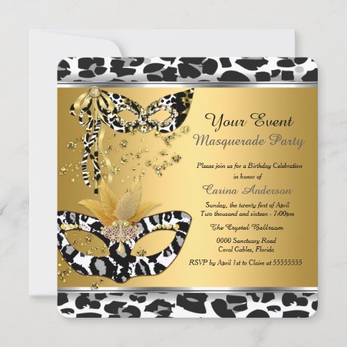 Masquerade Birthday Party Leopard Mask Black Gold Invitation