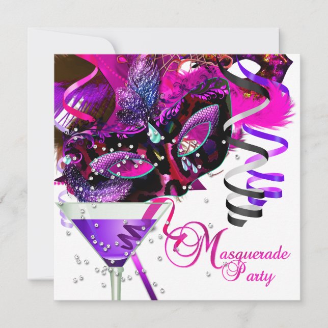 Masquerade Birthday Party Mask Pink Martini Invitation (Front)
