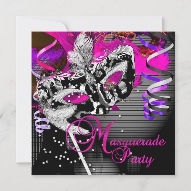 Masquerade Birthday Party Mask Silver Pink 2 Invitation (Front)