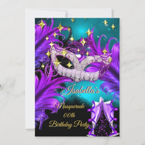 Masquerade Birthday Party mask Teal Purple black Invitation