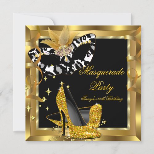 Masquerade Birthday Party Mask Wild Gold Heels Invitation
