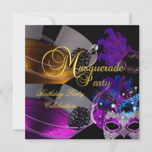 Masquerade Birthday Party Purple Pink Masks Personalized Announcements