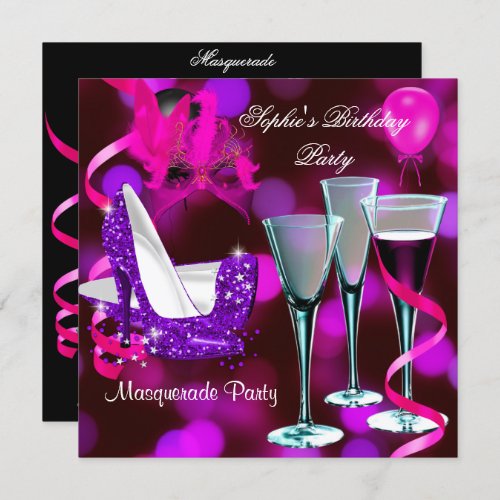 Masquerade Birthday Party Purple Pink Stiletto Invitation