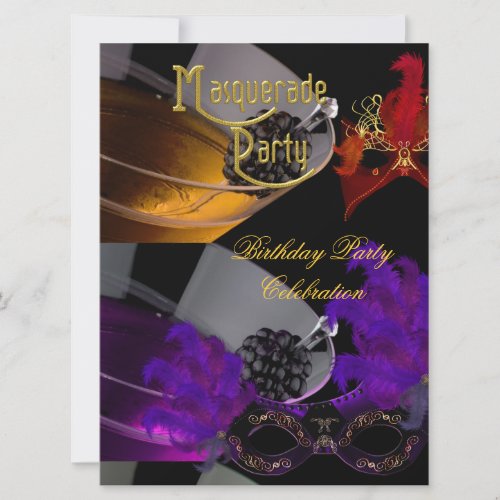 Masquerade Birthday Party Purple Red Black Masks Invitation