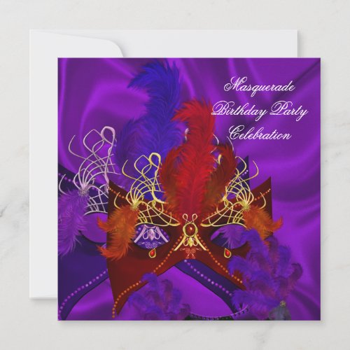 Masquerade Birthday Party Purple Red Gold Masks Invitation