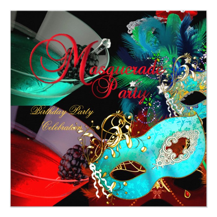 Masquerade Birthday Party Red Teal Gold Masks Personalized Invite