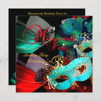 Masquerade Birthday Party Red Teal Gold Masks Invitation