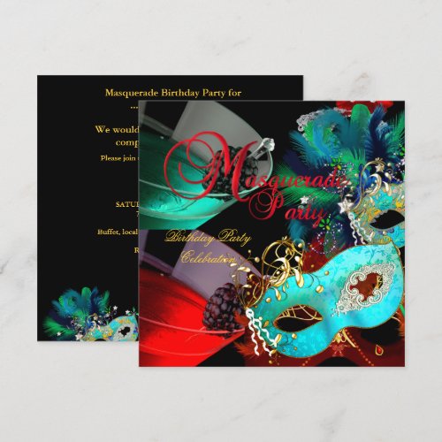 Masquerade Birthday Party Red Teal Gold Masks Personalized Invite