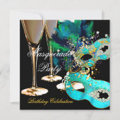 Masquerade Birthday Party Teal Blue Gold Masks Invitation (Front)
