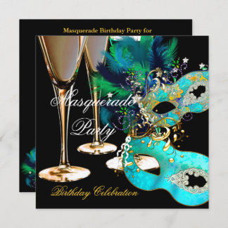 Masquerade Birthday Party Teal Blue Gold Masks Invitation
