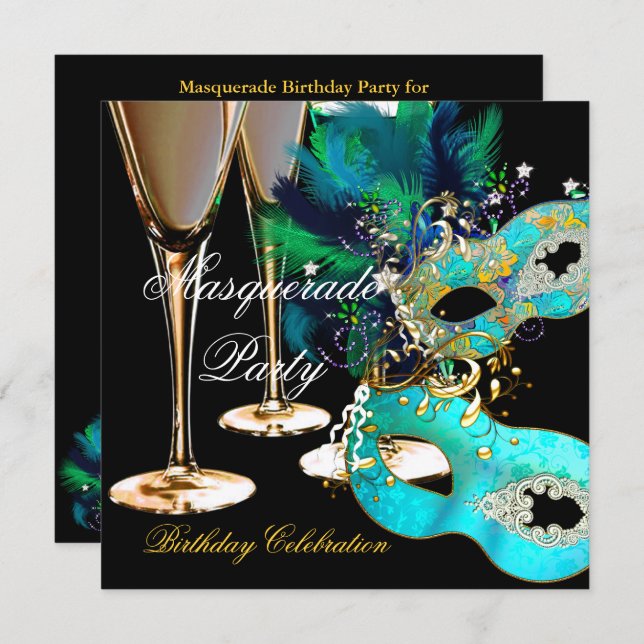 Masquerade Birthday Party Teal Blue Gold Masks Invitation (Front/Back)