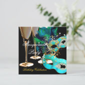 Masquerade Birthday Party Teal Blue Gold Masks Invitation (Standing Front)