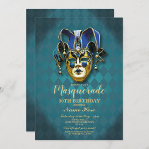 Masquerade Birthday Party Teal Gold Mask Invite